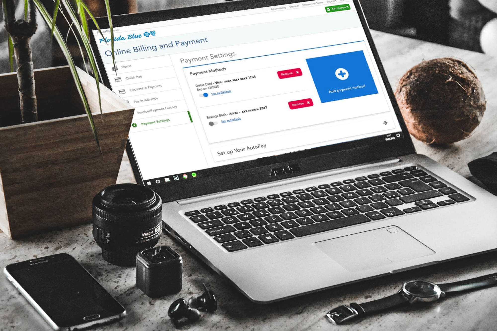 Account settings and payment preferences on desktop